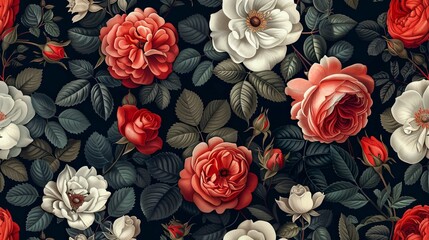 Wall Mural - Seamless Pattern of Red and White Roses with Dark Green Leaves