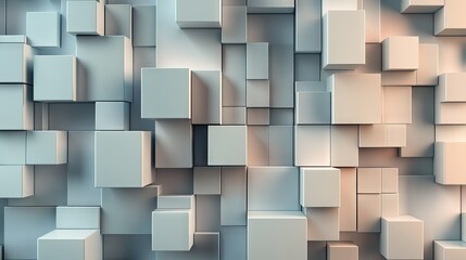 Poster - Abstract 3D cubes and rectangles arranged in a grid pattern, with varying shades and shadows to create depth. Ideal for architectural or tech visuals.