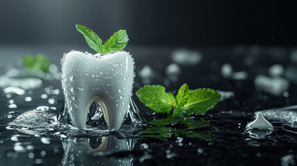 A large white tooth model adorned with fresh green mint leaves, surrounded by water droplets, creating a refreshing and clean dental health concept.