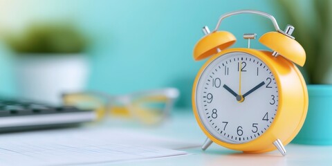 An analogue yellow alarm clock on a table next to a pen and a piece of paper