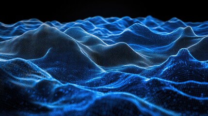 Poster - Abstract 3D landscape with flowing blue particle lines on a black background, representing futuristic communication tech and digital interfaces.