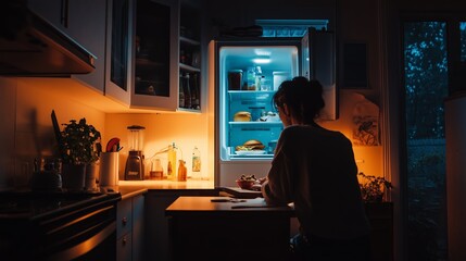 Sticker - A person prepares a late-night snack in a cozy kitchen illuminated by soft fridge light