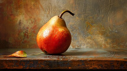 A single ripe pear with a leaf rests on a wooden table against a textured background.