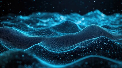Poster - Abstract 3D terrain with horizontal blue lines of particles undulating on a dark backdrop, illustrating advanced digital interfaces and communication tech.