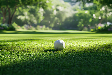 Wall Mural - Golf ball on a green grassy field with a blurred background of trees.