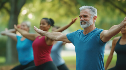 Canvas Print - A group of multiethnic people doing stretching exercises outdoors in the park, with an older man and woman standing next to each other