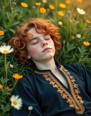 Young red-haired person in traditional clothing lies peacefully among yellow and white flowers, eyes closed in a tranquil setting.