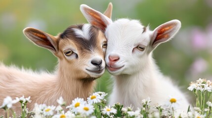 Two baby goats are cuddling in a field of flowers, AI