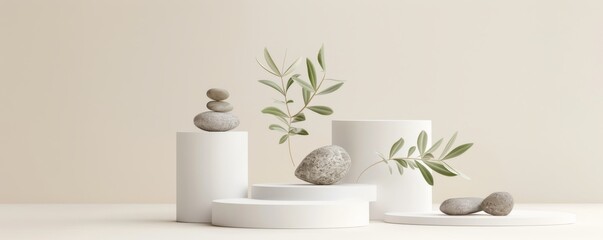 Poster - A serene arrangement of stones and greenery on white pedestals, embodying tranquility and minimalism in interior decor.