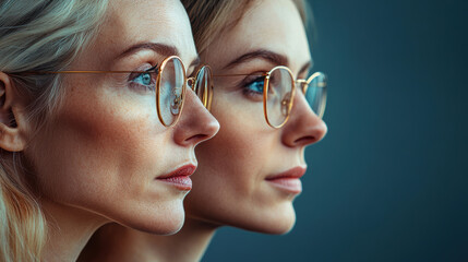 Two women in glasses, close-up profile, dark background, contemplation