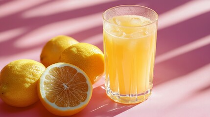 Wall Mural - Fresh Lemon Juice on Pink Background