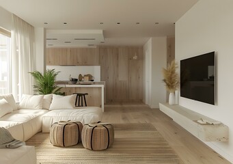 Wall Mural - Minimalist Living Room Interior Design with Light Wood and Neutral Colors