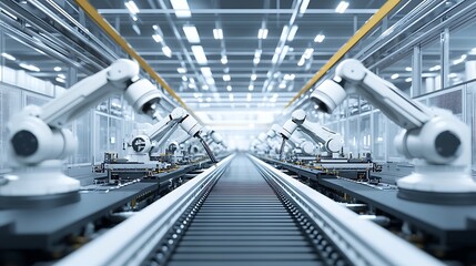 Poster - High-Tech Manufacturing Floor with Robotic Arms Assembling Computer Components in Synchronization, Brightly Lit and Efficient Environment