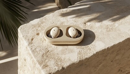 A pair of wireless earbuds resting in their charging case on a textured surface, highlighting modern design and technology.