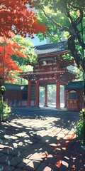 Poster - Japanese Temple Gate with Red Leaves