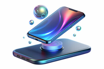 Modern 3D hologram interface with futuristic levitating smartphone in striking white background - Innovative technology concept for digital communication and interaction, perfect for web design and te