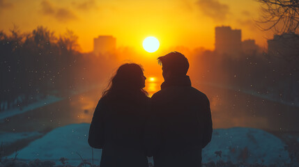 A couple standing in front of a river with a sunset in the background. Scene is romantic and peaceful