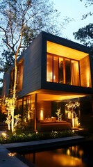 Wall Mural - Modern House with Pool and Garden at Night