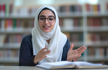 Poster - young Arabic woman teacher wearing glasses and a white scarf, sitting at a desk in a library, speaking into the camera with hand gestures.