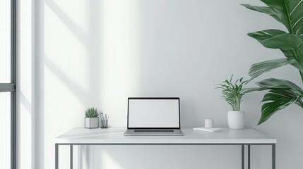 A minimalist workspace featuring a laptop, plants, and stationery on a clean desk, promoting productivity and focus.