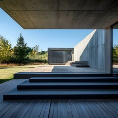 Wall Mural - Minimalist Concrete House with Wooden Deck and Steps