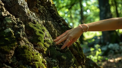 A woman's hand with a delicate bracelet reaching out to feel the moist moss covering a large, old tree trunk in a shaded forest area.