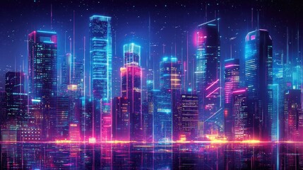Poster - Abstract digital high-tech cityscape with panoramic view of neon-lit urban buildings and futuristic architectural designs.