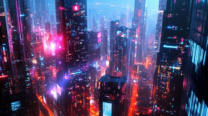 Poster - Abstract digital high-tech cityscape with panoramic view of neon-lit urban buildings and futuristic architectural designs.