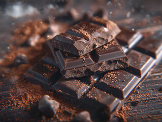 
Chocolate bar broken into pieces with cocoa powder dusting, displayed on a dark wooden surface with dramatic lighting, cinematic style, Compositing Core, 8k, detailed,