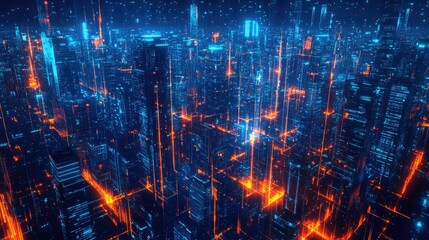 Poster - Abstract digital high-tech cityscape with panoramic view of neon-lit urban buildings and futuristic architectural designs.