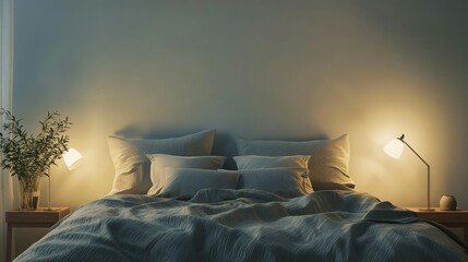 Bed with neatly arranged bedding and bedside lamps, with ample space for copy on the wall.