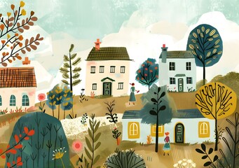 Wall Mural - Charming Village Houses Illustration with Garden and Two Women