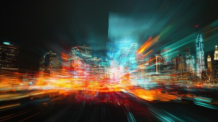 Poster - Abstract light trails and city skyline combined, offering a vivid and modern depiction of urban energy and motion.