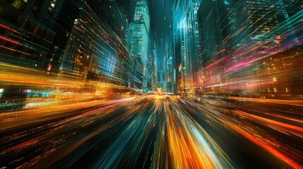 Poster - Abstract light trails and city skyline combined, offering a vivid and modern depiction of urban energy and motion.