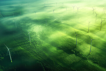 Canvas Print - A field of wind turbines with a foggy sky in the background