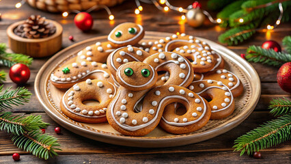 Festive Christmas gingerbread cookies shaped like snakes with icing, displayed on a plate, surrounded by Christmas decorations and pine branches.