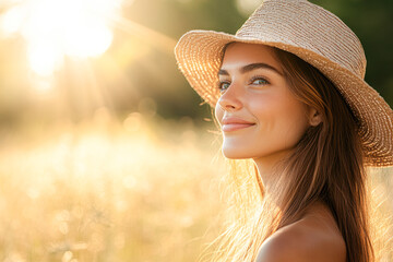 Sticker - A woman wearing a straw hat is smiling in a field