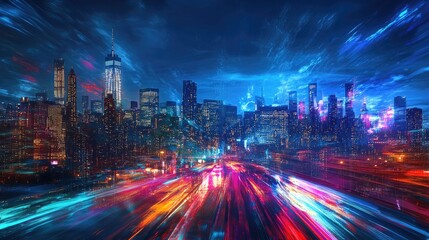 Poster - Abstract motion light effects intertwined with a city skyline, presenting a dynamic and colorful representation of urban nightlife.