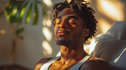 Canvas Print - young man resting after home workout meditation at home morning or evening workout routine