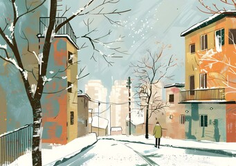 Wall Mural - Snowy Street in City with One Person Walking