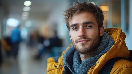 Poster - young man with down syndome working in hospital as caregiver concpet of integration people with disability into society