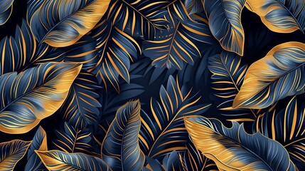 Wall Mural - Abstract Pattern of Golden and Navy Blue Palm Leaves