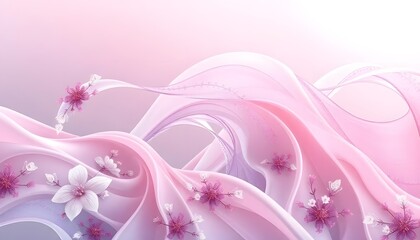 Fototapete - A pink and white abstract 3D with flowing waves background. and cherry blossom petals floating in the air