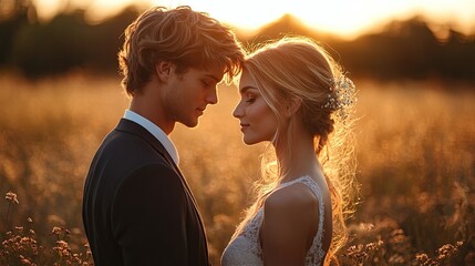 young wedding couple on summer meadow