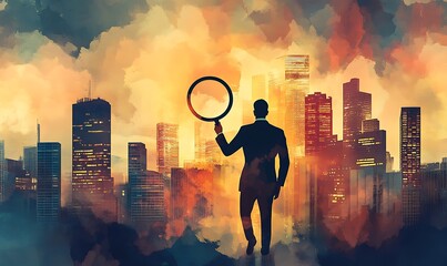 Wall Mural - A Man Holding a Magnifying Glass in Front of a Cityscape