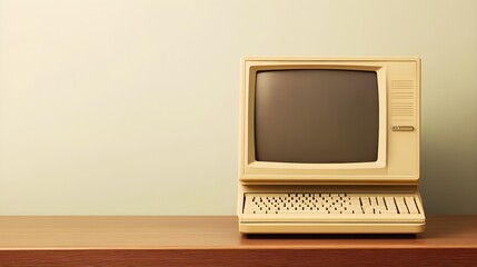 A vintage desktop computer with a bulky monitor and keyboard, placed on a wooden desk against a light solid color background