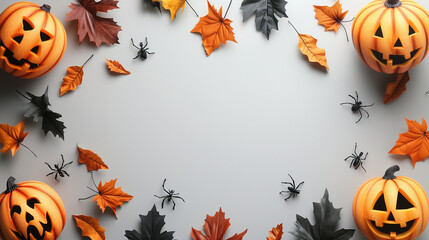 Wall Mural - Halloween decorations with symbol of Halloween on white background. Top view. Copy space for text. Generative ai illustration.