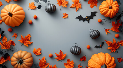 Wall Mural - Halloween decorations with symbol of Halloween on white background. Top view. Copy space for text. Generative ai illustration.