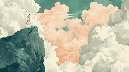 Poster - Man Walking on Mountaintop Clouds Illustration