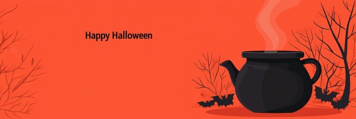 Wall Mural - Spooky Halloween Banner with Steaming Cauldron and Bare Trees on Orange Background